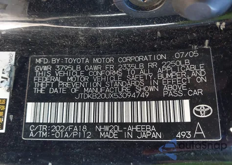 2005 Toyota Prius z USA, uszkodzony, nr VIN JTDKB20UX53094749
